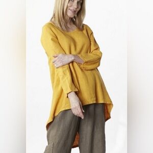 100% Linen TUNIC Long High-Low Mustard Rolled Long Sleeve Top Size 1X